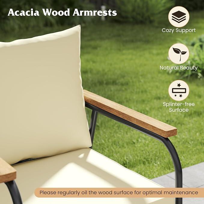 Tangkula 8 Pieces Wicker Patio Furniture Set, Outdoor Conversation Set with Tempered Glass Coffee Table, Rattan Cushioned Chairs with Acacia Wood Armrests for Garden, Yard and Poolside (Off White,4)