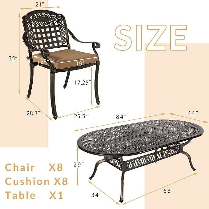 9-Piece Patio Dining Set, Outdoor Patio Table and Chair Set of 84” Oval Cast Aluminum Dining Table with Umbrella Hole and 8 Outdoor Dining Cushion Chairs, Patio Funiture Set for Lawn Garden