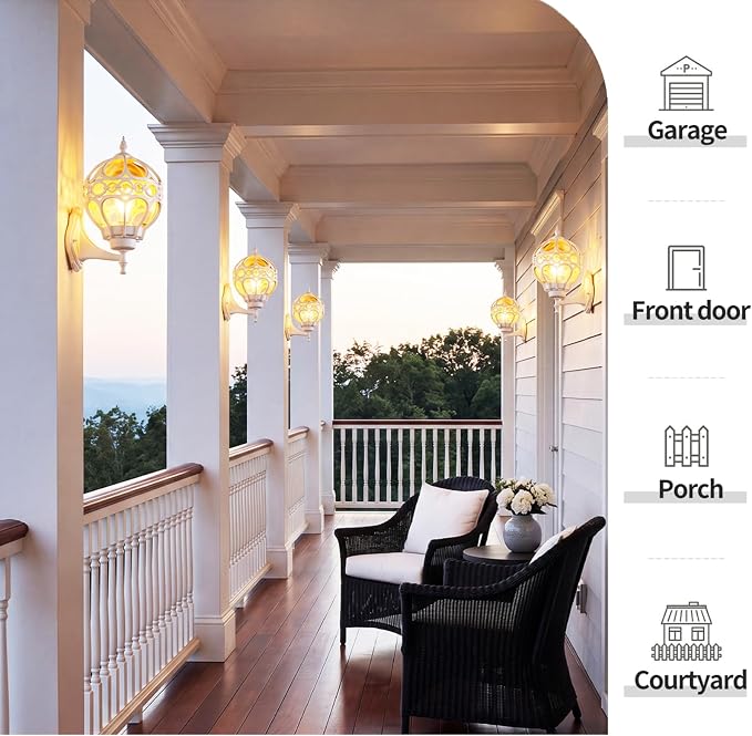 2 Pack White Globe Outdoor Wall Lights, Round Exterior Wall Sconce for Patio, Porch, Entryway, Anti-Rust Aluminum Wall Mount Lighting Fixture, Outside Wall Lantern with Amber Glass & Ornate Cage