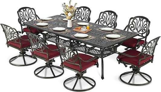 MEETWARM 9-Piece Outdoor Patio Dining Set for 8, All Weather Cast Aluminum Patio Funiture Table and Chairs Set- 94.5” Rectangular Table and 8 Cushioned Swivel Rocker Chairs, Umbrella Hole, Chili Red