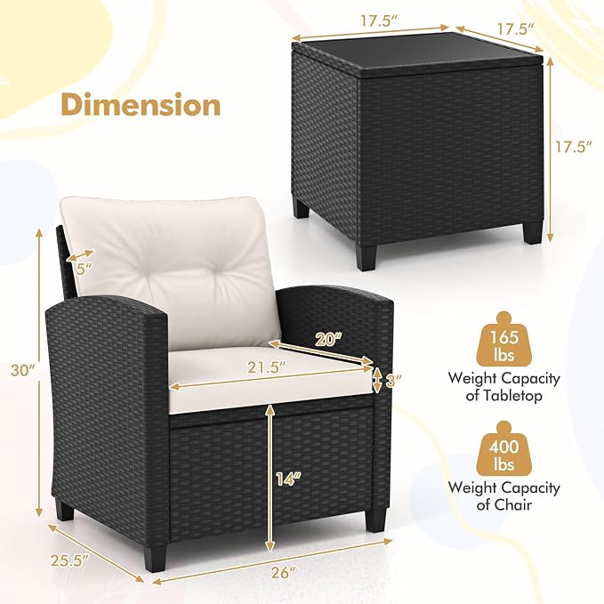 HAPPYGRILL 3 Pieces Wicker Patio Conversation Set, PE Rattan Bistro Sofa Set with Tempered Glass Coffee Table, Washable Cushions, Outdoor Furniture Set for Garden Poolside Balcony (Off White)