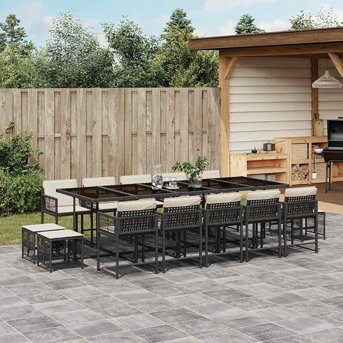 14-Seater Garden Dining Set with PE Rattan and Powder-Coated Steel, Rectangular Table and Stackable Chairs for Patio Backyard, Black and Cream White