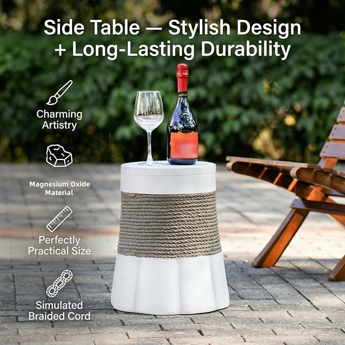 Round Outdoor Side Table MGO Concrete End Table with Brown Woven Rope Decor & Fan-Shaped Base, Fully Assembled Patio Accent Table for Balcony, Living Room, Garden, Light Gray