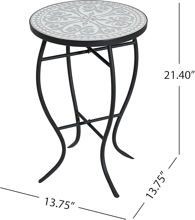 Christopher Knight Home Lora Small Outdoor Side Table with Curved Legs, Patio Decorative End Table for Garden Porch Backyard, Mosaic-Style Round Tabletop, Durable Iron Frame, Grey + Black