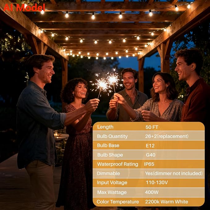 50 FT 2200K Outdoor String Lights,26 Plastic Edison Bulbs, E12 Base | G40 globe shatterproof bulbs, IP65 waterproof, dimmable LED, for backyard porch balcony party decor