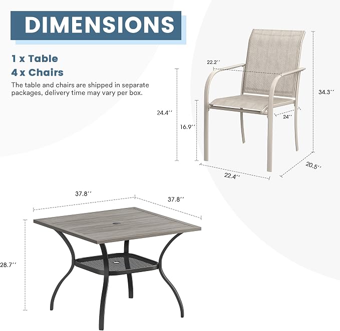 DIFY 5 Pieces Outdoor Patio Dining Set for 4, 37.8" Grey Wood-Like Square Dining Table with Umbrella Hole and 4 Sandshell Stackable Sling Chairs, Outdoor Table and Chairs for Lawn Backyard Garden