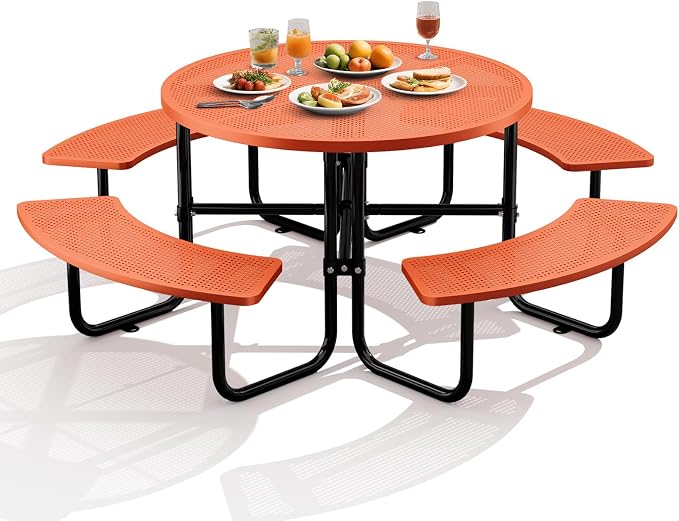 83" Round Heavy Duty Picnic Table for Outdoors Commercial Camping Table with Umbrella Hole up to 1.78" Orange Coated Steel Frame Waterproof Rust Resistant 3200 lbs Load Capacity
