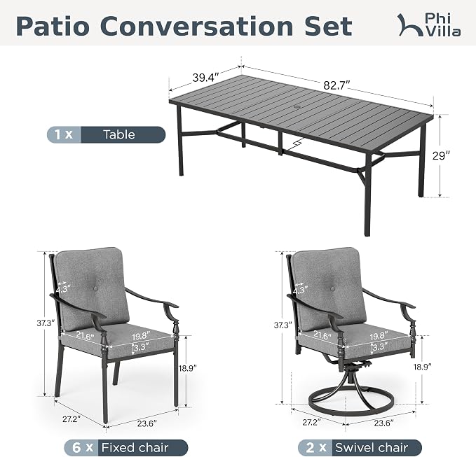 PHI VILLA 9 Pieces Outdoor Dining Set for 8, Rectangular Black Long Wrought Iron Table with Umbrella Hole & Fixed, Swivel Metal Chairs, Large Modern Furniture Set with Cushions for Patio, Deck, Porch