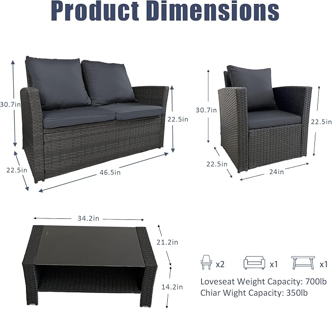 4 Piece Patio Furniture Set, All-Weather Wicker Sectional Conversation Set with Tempered Glass Table & Cushioned Sofa,Outdoor Sofa for Garden, Porch, Backyard (Black-Gray)