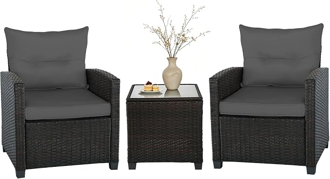 SHGJ&SOFT 3 Pieces Patio Furniture Set, Outdoor Conversation Set with Cushions, PE Rattan Wicker Bistro Set and Tempered Glass Tabletop, Outdoor Rattan Sofa for Poolside,Porch,Balcony (Grey)