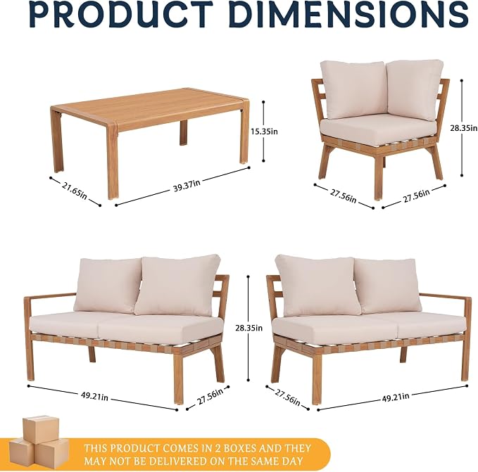 4-Piece L-Shaped Outdoor Patio Furniture Set, All-Aluminum Corner Sectional Sofa with Wood Grain Finish, Cushioned Seating & Plastic Wood Coffee Table, for Backyard & Balcony