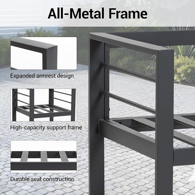 4-Piece All-Weather Metal Patio Furniture Set, Sectional Conversation Sofa w/Coffee Table, Heavy Duty Steel Frame & Washable Cushions for Backyard Garden (Grey, Loveseat)