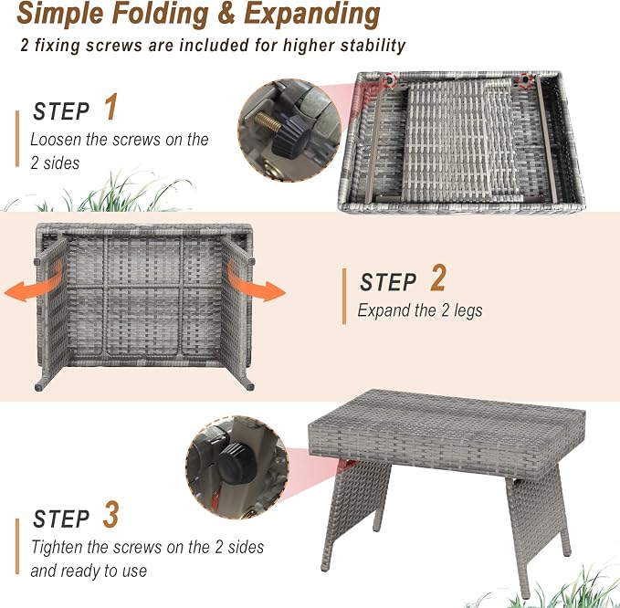 DREAMADE Rattan Side Table, Folding Small Patio Wicker Desk Outdoor Deck Furniture w/PE Rattan, Robust Metal Structure, Outdoor Coffee Table for Patio, Deck, Yard, Poolside, Garden, Balcony (Gray)