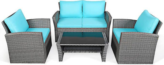 COSTWAY 4 Pieces Patio Rattan Furniture Set, Outdoor Wicker Sofa Set with Tempered Glass Coffee Table, Cushions, All Weather Rattan Conversation Set for Yard Balcony Backyard Pool (Turquoise)