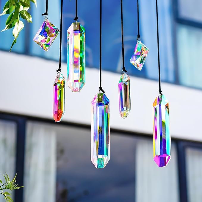 Set 7 Crystal Sun Catcher Prisms AB Colored Suncatcher Crystals for Window | Rainbow Maker Prisms,Indoor Window Suncatchers Hanging,Glass Ornaments for Christmas Tree Home Garden Decor,Gift For Women