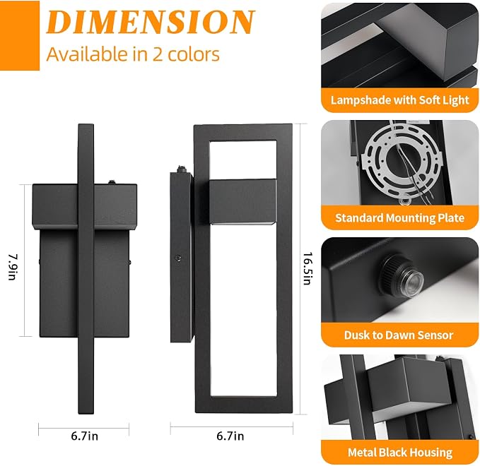 16.5'' LED Outdoor Wall Sconce Dusk to Dawn Outdoor Lighting, Modern Exterior Lighting Fixtures, Black LED Front Porch Lights Outside Wall Mount Lights for House, Hallway, 3000K, 1 Pack
