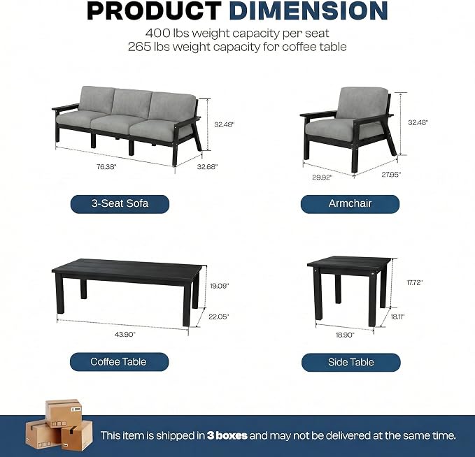 8 Piece Patio Furniture Set, HDPE Sectional Sofa Seating for 7, Includes 3-Seat Sofa, Loveseat, 2 Armchairs, Coffee Table, All-Weather Outdoor Conversation Set with Olefin Fabric, Black/Grey
