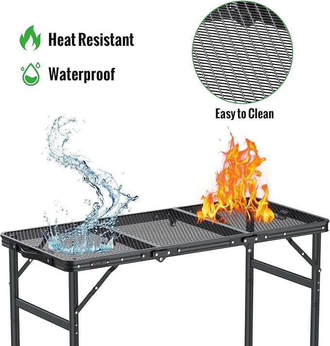 GARLLEN Folding Grill Table, 3-Height Adjustable Lightweight Grill Table with Heat-Resistant Tabletop, Portable Aluminum Camping Table for BBQ, Picnic, Cooking, 35.4" L x 15.7" W, Threaded Install
