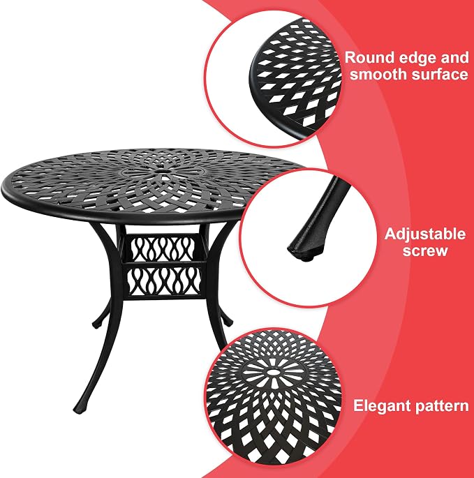 42" Cast Aluminum Outdoor Dining Table,Dining Conversation Side Table, Patio Bistro Table with 1.97" Umbrella Hole for Backyard, Garden, Patio, Porch