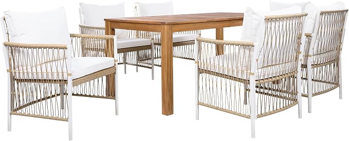 Merax 7 Piece Patio Dining Set, Outdoor Acacia Wood Rectangular Dinning Table with Sturdy Legs and 6 Rattan Arm Chairs w/Cousions & Pillows for Backyard,Balcony, Garden, Poolside, Natural