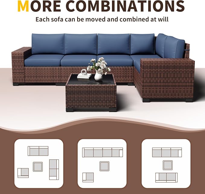 Outdoor Patio Furniture Set, 8'' Wide armrest Outdoor Sectional Rattan Sofa Set, Wicker Patio Furniture Sets w/Coffee Table,Thick Cushions and Cover for Porch, Balcony,Deck 6 PCS(Brown&Navy)