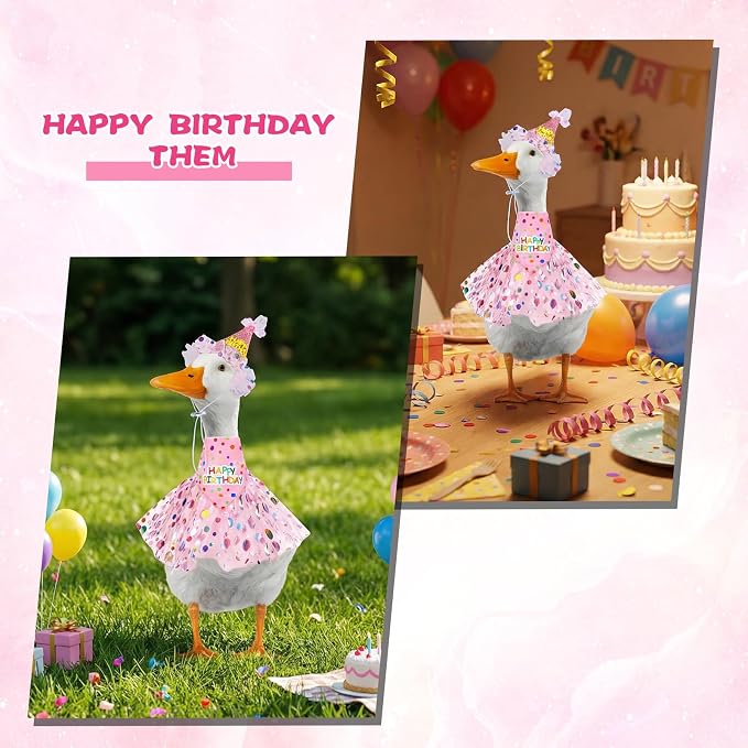 Porch Goose Outfits, Birthday Goose Outfits with Glitter Tutu Skirt, Birthday Hat and Bandana Valentine Porch Gooses Outfit for 23" 17" Outdoor Statue Patio Yard Lawn Art(Pink)