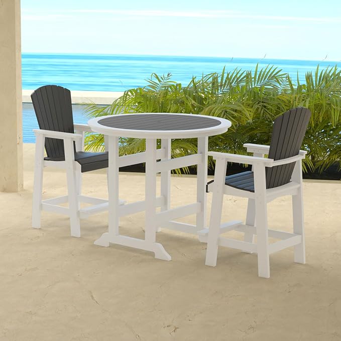 Outdoor Bar Height Table and Chairs Set of 3, Round Counter Bar Table with 1.96" Umbrella Hole, 2 Pcs Tall Adirondack Chairs Bar Stools with Arm, Patio Dining Set for Backyard Deck Balcony Front Porch