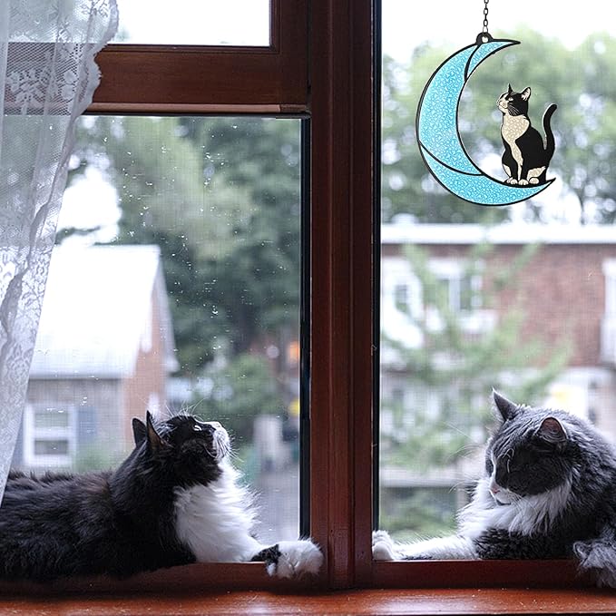 Black and White Cat Gift,Tuxedo Cat Stained Glass Art Suncatcher | Cat memorial gift and home decor for cat lovers, family, or friends; hangs in windows, patios, or gardens to honor memories