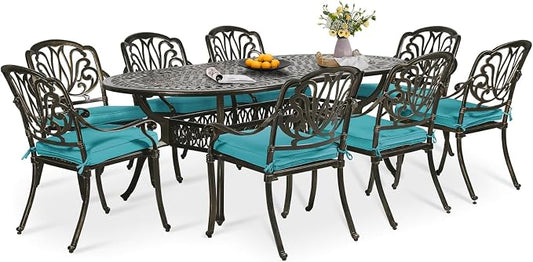 9-Piece Patio Dining Set, Outdoor Patio Table and Chair Set of 84” Oval Cast Aluminum Dining Table with Umbrella Hole and 8 Outdoor Dining Cushion Chairs, Patio Funiture Set for Garden, Blue