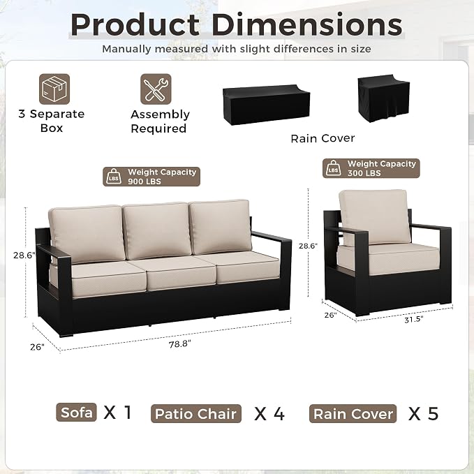 Outdoor Patio Furniture Set, 5-Piece Aluminum Patio Conversation Set All-Weather Metal Outdoor Sectional with 6 Inch Thick Cushions, Deep Setting for Garden, Outside and Porch, Beige