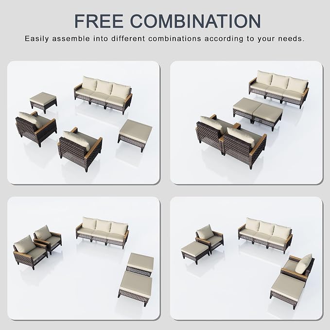 7 Pieces Patio Furniture Set, Outdoor Conversation Sets with Footstool, Wicker Rattan Sofa Couches Chairs Ottomans for Porch, Poolside, Deck, Balcony, Backyard, Yard, Garden (Beige Cushions)