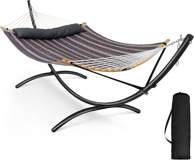 SUNCREAT Hammocks for Outside with Stand, Porch Hammock and Stand, 475 lbs Capacity, Patent Pending, Gray Stripes