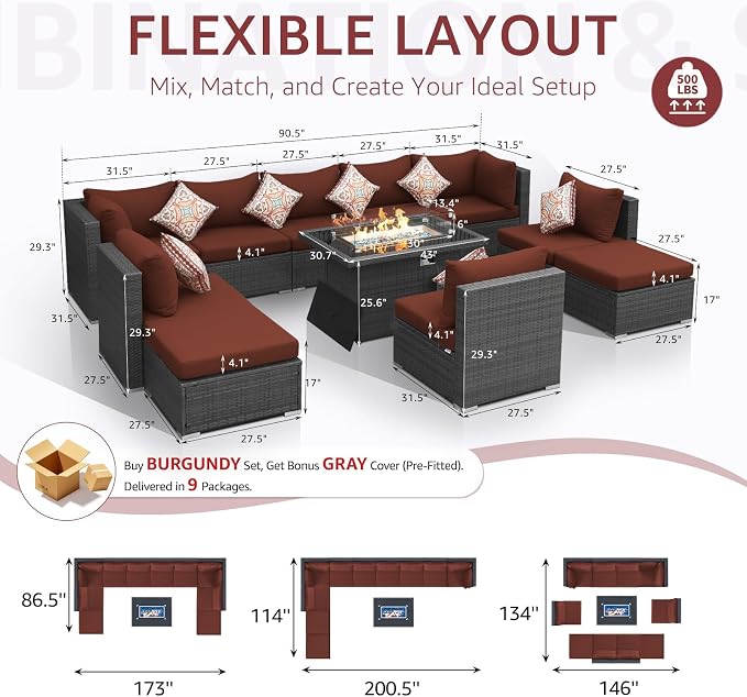 NICESOUL 11 Piece Patio Furniture Set with Fire Pit Table, 29.3'' High Back Comfy Rattan Outdoor Conversations, Big Size Deep Seated Contemporary Sectionals, 2 Color Cushion Red & Gray