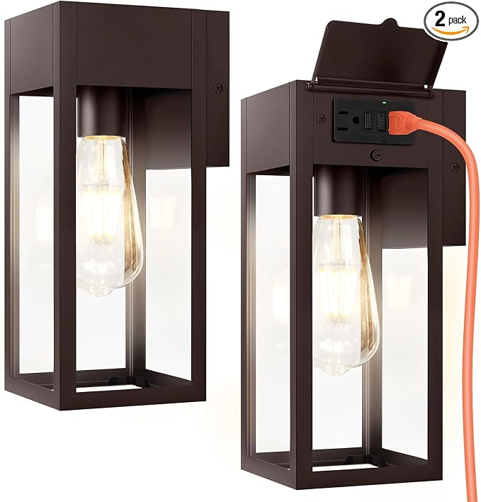 2 Pack Porch Lights Outdoor Wall Sconce, Outdoor Light with GFCI Outlet, Waterproof Exterior Wall Lantern Light Fixtures, Anti-Rust Wall Lamp for Patio Doorway Garage- Oil Rubbed Bronze