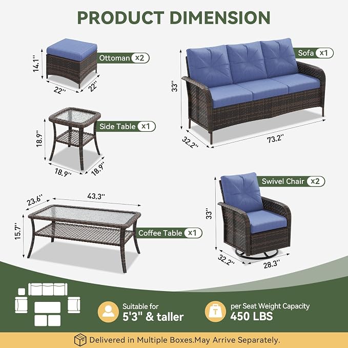 Aoxun 7-Piece Patio Furniture Set with Thick Cushions, Wicker Rattan Outdoor Sectional Sofa with High Back Swivel Rocker Chairs, Outdoor Patio Furniture Set with Coffee Table & Ottoman, Blue