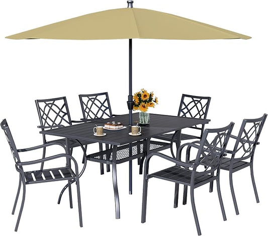 SOLAURA 8-Piece Outdoor Patio Dining Set, 6 Person Outside Table and Chairs Set, Metal Stacked Chairs of 6, Slat Table Top with 1.57" Umbrella Hole and 9 FT Patio Umbrella (Black)