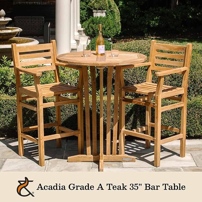 TITAN GREAT OUTDOORS Ash & Ember Acadia Grade A Teak 35" Round Bar Table, Indoor Outdoor Patio Bar Furniture, Weather Resistant Solid Wood for Garden, Backyard, Patio, Tightly Spaced Slats