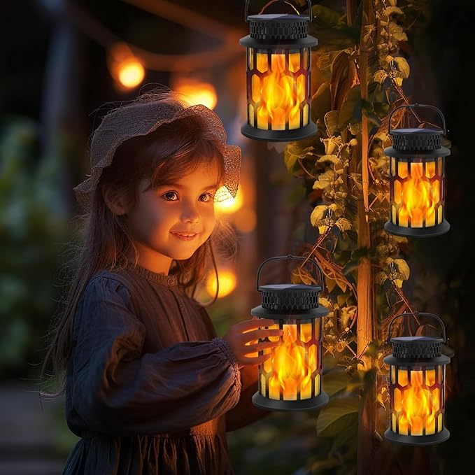 Solar Lights for Outside, Upgraded Solar Lanterns Flickering Flame Outdoor Waterproof Hanging Lanterns Decorative Solar Powered Outdoor Lighting LED Flame Garden Lights for Patio Deck Yard, 4 Packs