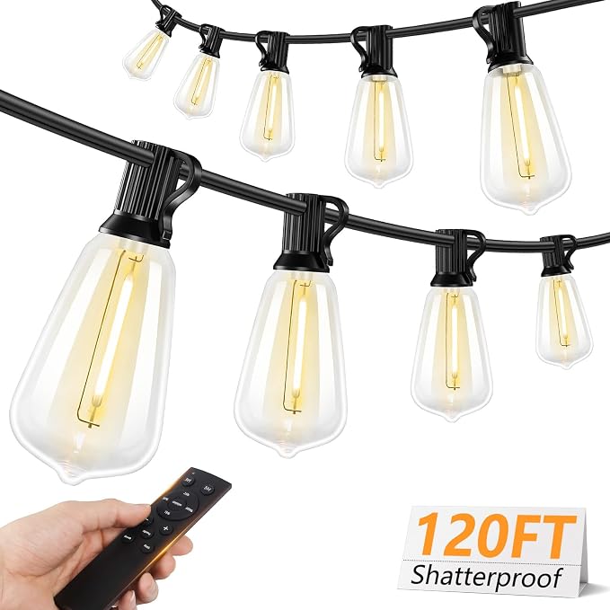 120FT LED Outdoor String Lights with Remote, Patio Lights Outdoor Waterproof with 36+2 Shatterproof ST38 LED Bulbs, Dimmable Outside Hanging Light for Porch, Garden, Backyard, Cafe, 2700K