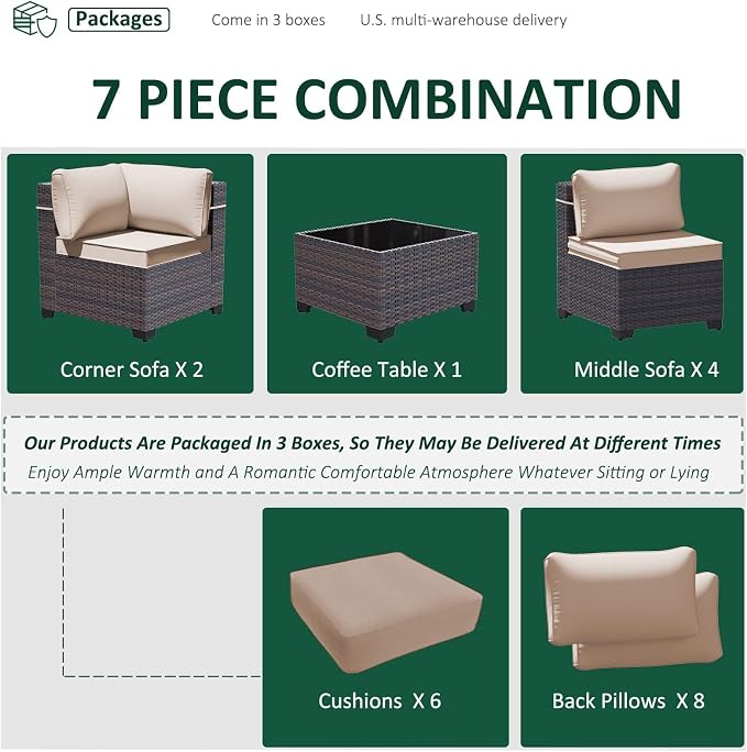 7 Pieces Outdoor Patio Furniture Set,Outdoor Sectional Furniture All Weather PE Rattan Wicker Patio Conversation Set with Coffee Table and 6 Thickened Cushions,Sand