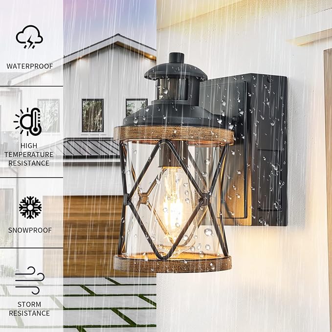 Dusk to Dawn Motion Sensor Outdoor Porch Light with GFCI Outlet,3 Lighting Modes Anti-Rust Waterproof Industrial Outdoor Lantern,Exterior Work lights Rustic Wood-Like Finish Wall Light (Brown, 1 Pack)