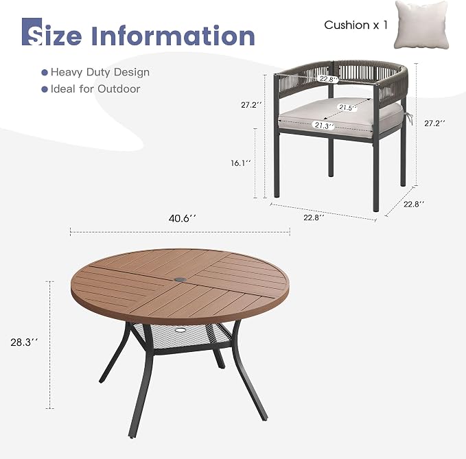 VICLLAX Patio Dining Set, 40.7" Walnut Table & 4 Chairs with Wheat Cushion | Outdoor Table and Chairs Set of Round Metal Patio Table, Outdoor Dining Chairs with Metal Frame, Garden Deck Porch