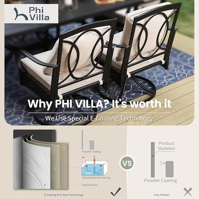 PHI VILLA Swivel Patio Dining Chairs Wicker Chairs Set of 4 with Cushions | Heavy Duty Outdoor Metal Wicker Dining Chair with Padded Cushions, Large All Weather Wrought Iron Patio Chair for Balcony