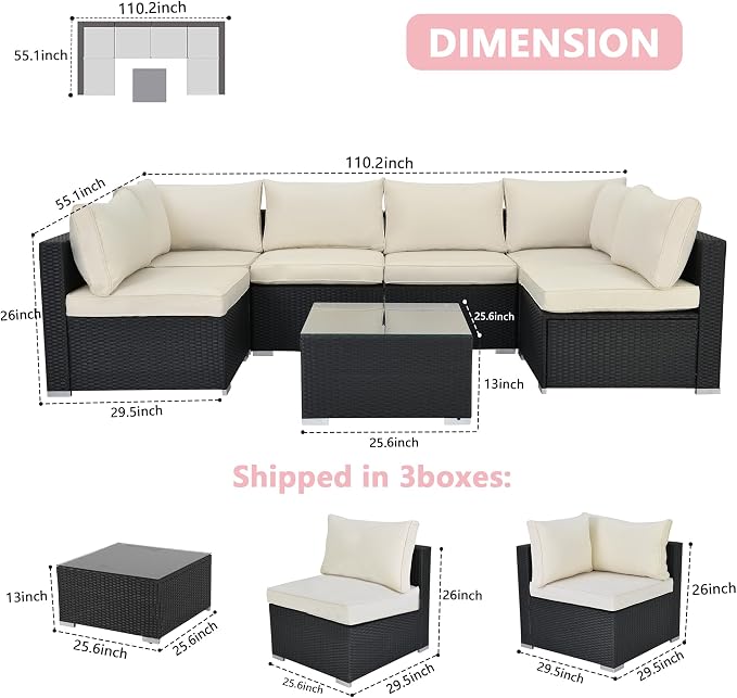 7-Piece Patio Furniture Set - Outdoor Sectional Sofa Set with Cushions and Glass-Top Coffee Table for Gardens, Poolside, Backyards and Porches, Beige/Black
