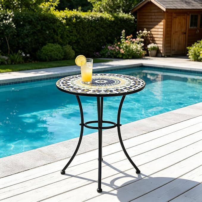 23.6" Outdoor Patio Mosaic Round Table Garden Bistro Accent Table | Ceramic Tile Waterptoof Side End Table Metal Frame Dining Table Furniture for Balcony Backyard Porch Poolside Terrace
