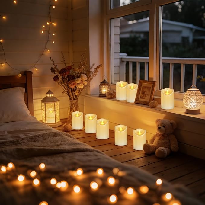 Pure White Flameless Candles, Patented 3D Dual-LED, Set of 2 Slanted Plastic Pillars with Remote, Waterproof Non-Melting Battery Operated Modern Decor for Spa Bath, White (D3 x H6)