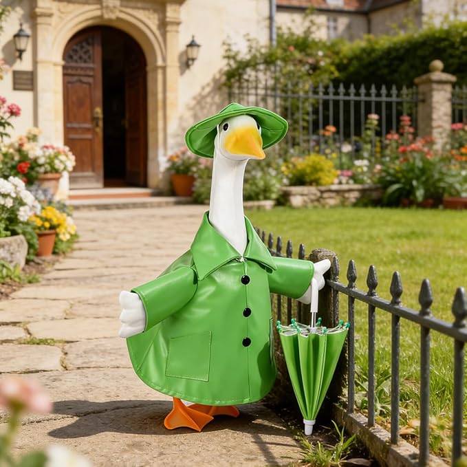 STONESTAR Raincoat Porch Goose Outfits with Umbrella Hat, Goose Spring Outfit Lawn Goose Raincoat Clothes Costume Fits 23" Geese Statue, Summer Garden Lawn Patio Yard Outdoor Decor (Raincoat-Green)