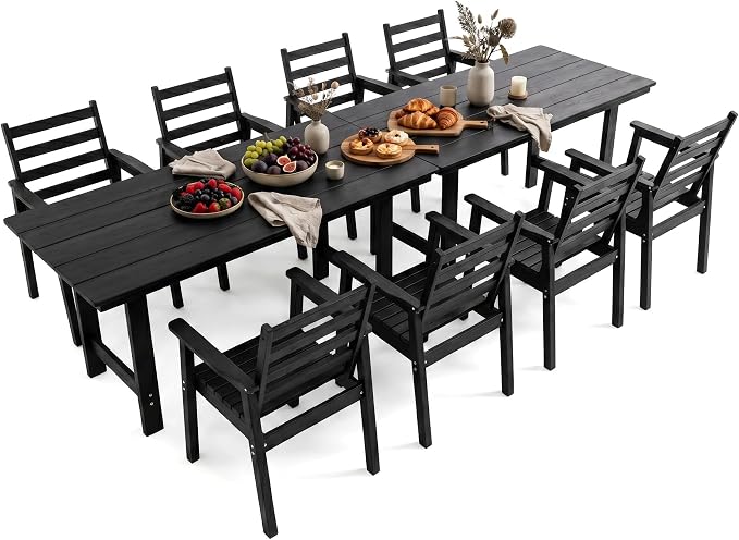 10 Piece HDPE Outdoor Dining Set for 8, Patio Dining Furniture Set with 2” Umbrella Hole, Weather Resistant Outdoor Table and Chairs for Garden, Poolside, Backyard, Deck