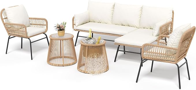 6-Piece Boho Outdoor Patio Furniture Set, L-Shaped Wicker Sectional Sofa with Ice Bucket Table & High Back, Sturdy 500lbs Frame for Garden Balcony Deck or Backyard, Beige