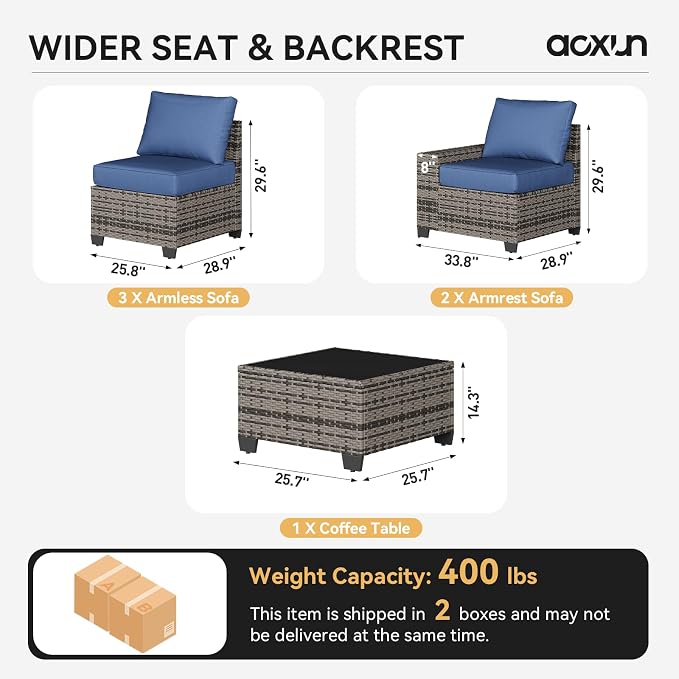 Aoxun 6-Piece Patio Sectional Sofa with 4" Thicken Cushion, Widen Armrests Wicker with Coffee Table for Backyard & Garden, Navy Blue